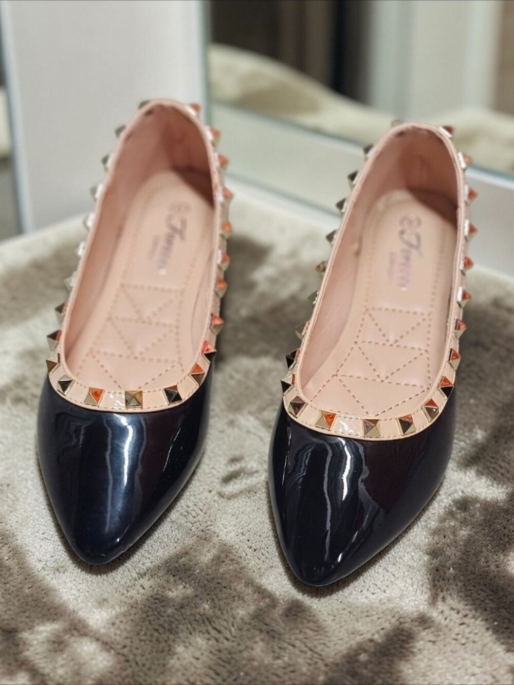 Black Patent Pointed Toe Flats With Gold Studded Trim - Picture 4 of 10